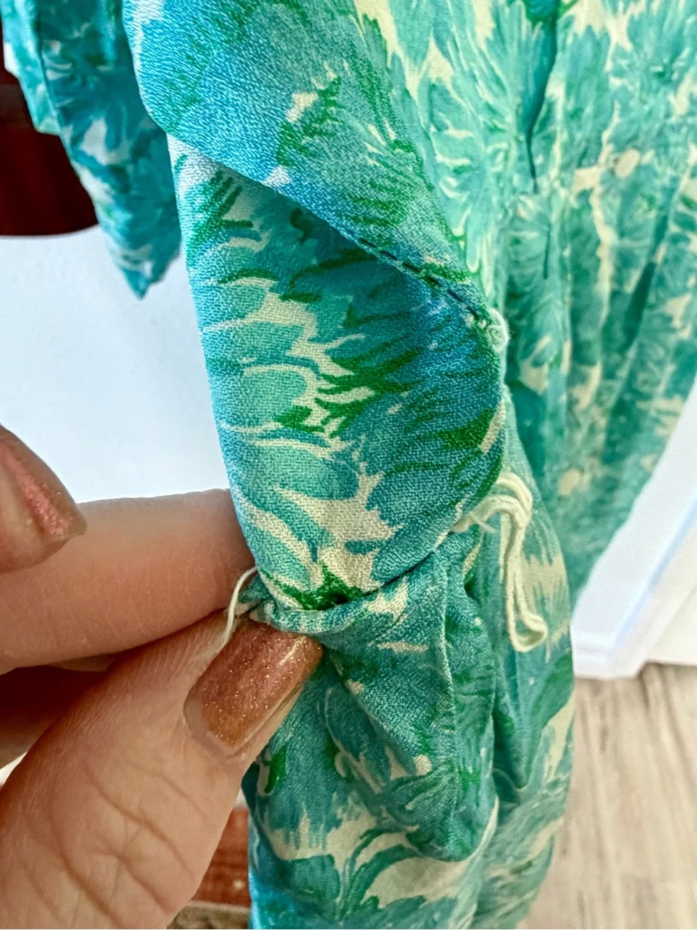 Vintage Silver Palm California Dress / Turquoise Hawaiian / Tiki / Modern L-XL - Picture 11 of 13